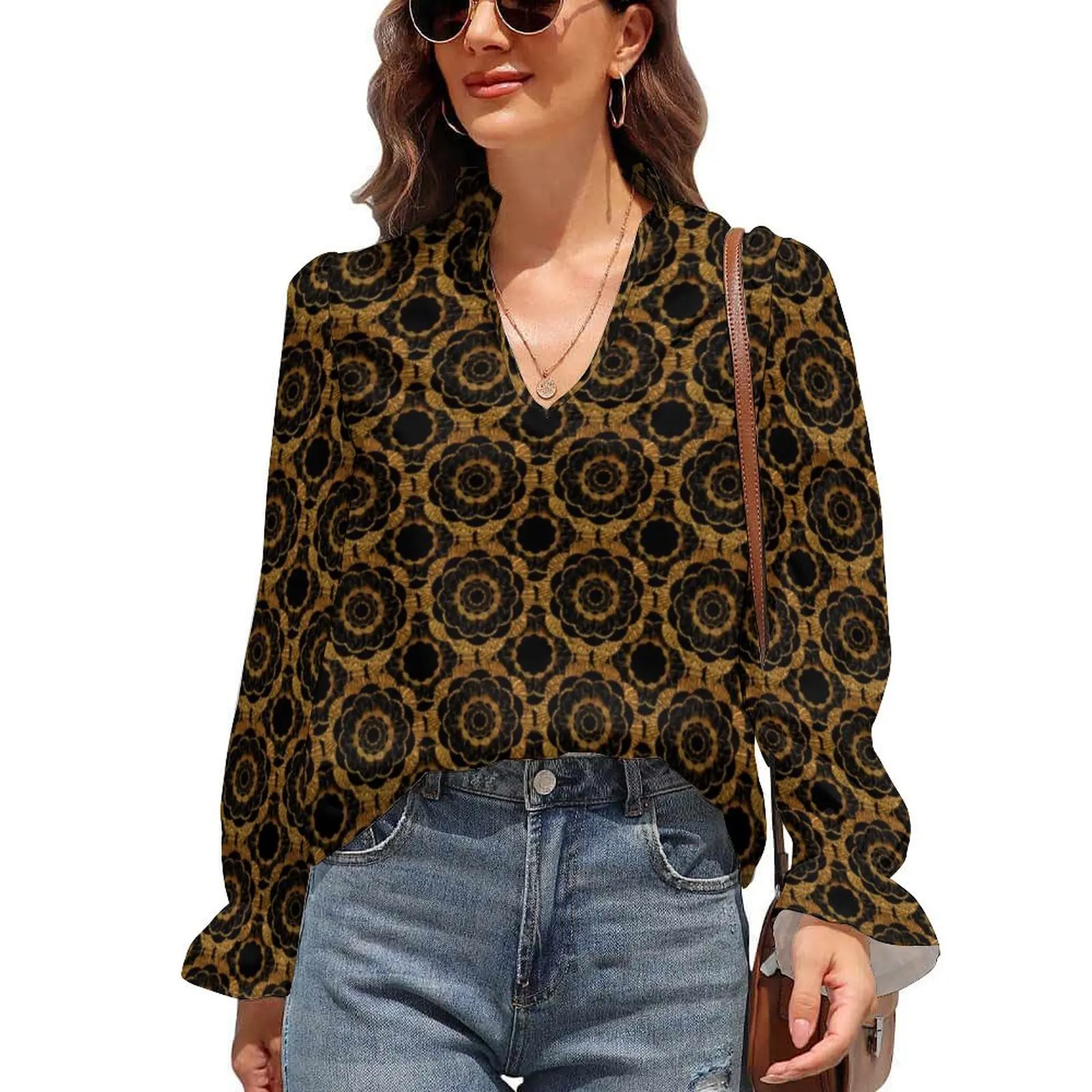 Retro Mod Print Chiffon Blouse Long Sleeve Gold and Black Mandala Pretty Blouses Female V Neck Casual Shirt Spring Printed Top
Retro Mod Print Chiffon Blouse Long Sleeve Gold and Black Mandala Pretty Blouses Female V Neck Casual Shirt Spring Printed Top