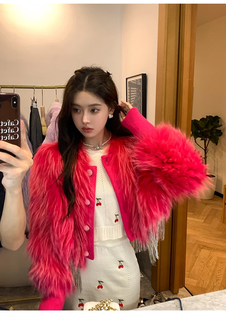 

2023 New Imitation Fox Fur Fur Baggy Coat Women Winter Young Woven Fashion Socialite Tassel Raccoon Fur Short Leather Jacket