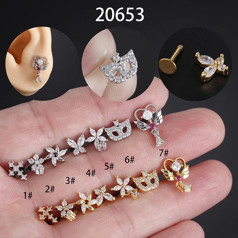 

1PC 316L Stainless Steel Stud Earrings Flower Heart Flat Labret Back Cartilage Earring Helix Conch Tragus Ear Piercing Jewelry