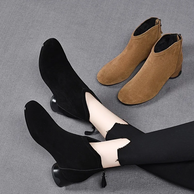 

Women Suede Short Boots Round Toe Solid Colour Chunky Heel Shoes Fashion Comfort Leisure Back Zip High Heels Botas Para Mujer