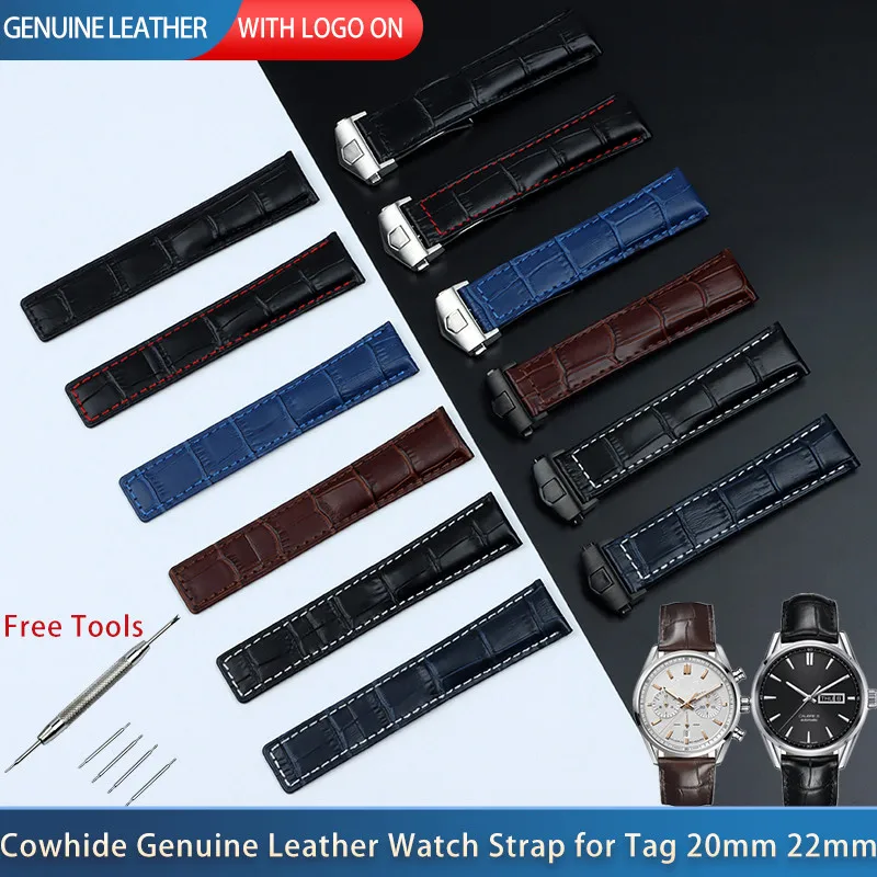 

Genuine Leather Bracelet Cowhide Watch Band 20mm 22m For Tag Strap For Heuer CARRERA Monaco AQUARACER Watchband Folding Buckle