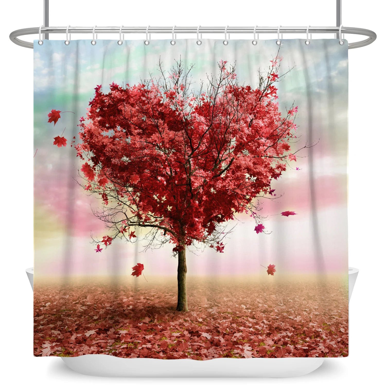 Занавеска для душа с изображением сердца дерева красные Падающие листья