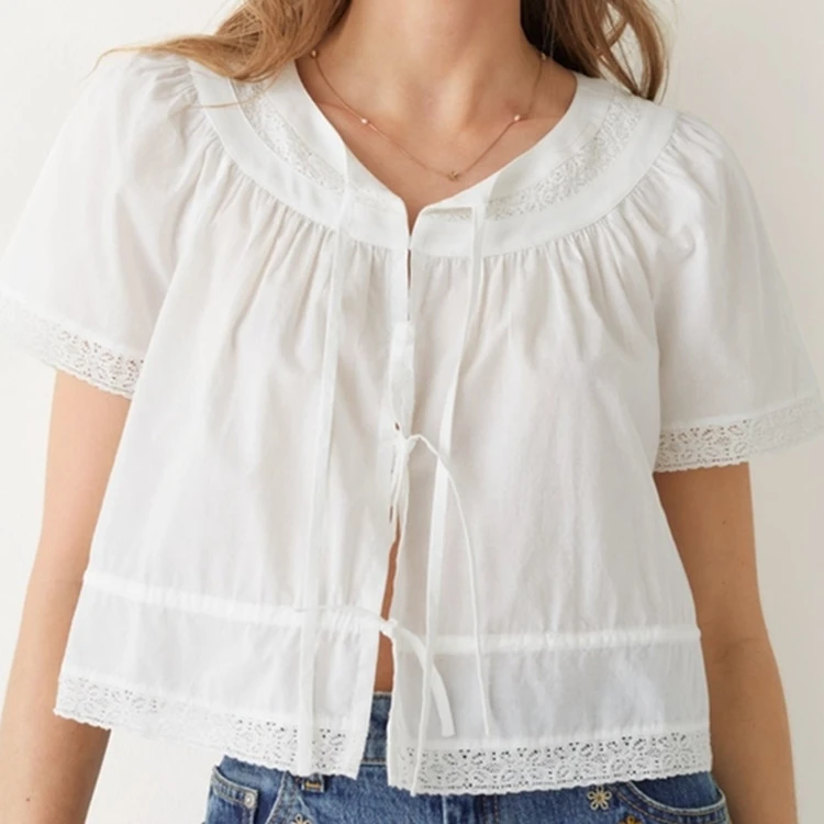 Women's Sweet Lace Stitching White Shirt tops Lace-up Short Sleeve o-neck Ladies Short Sleeve Blouses
Women's Sweet Lace Stitching White Shirt tops Lace-up Short Sleeve o-neck Ladies Short Sleeve Blouses