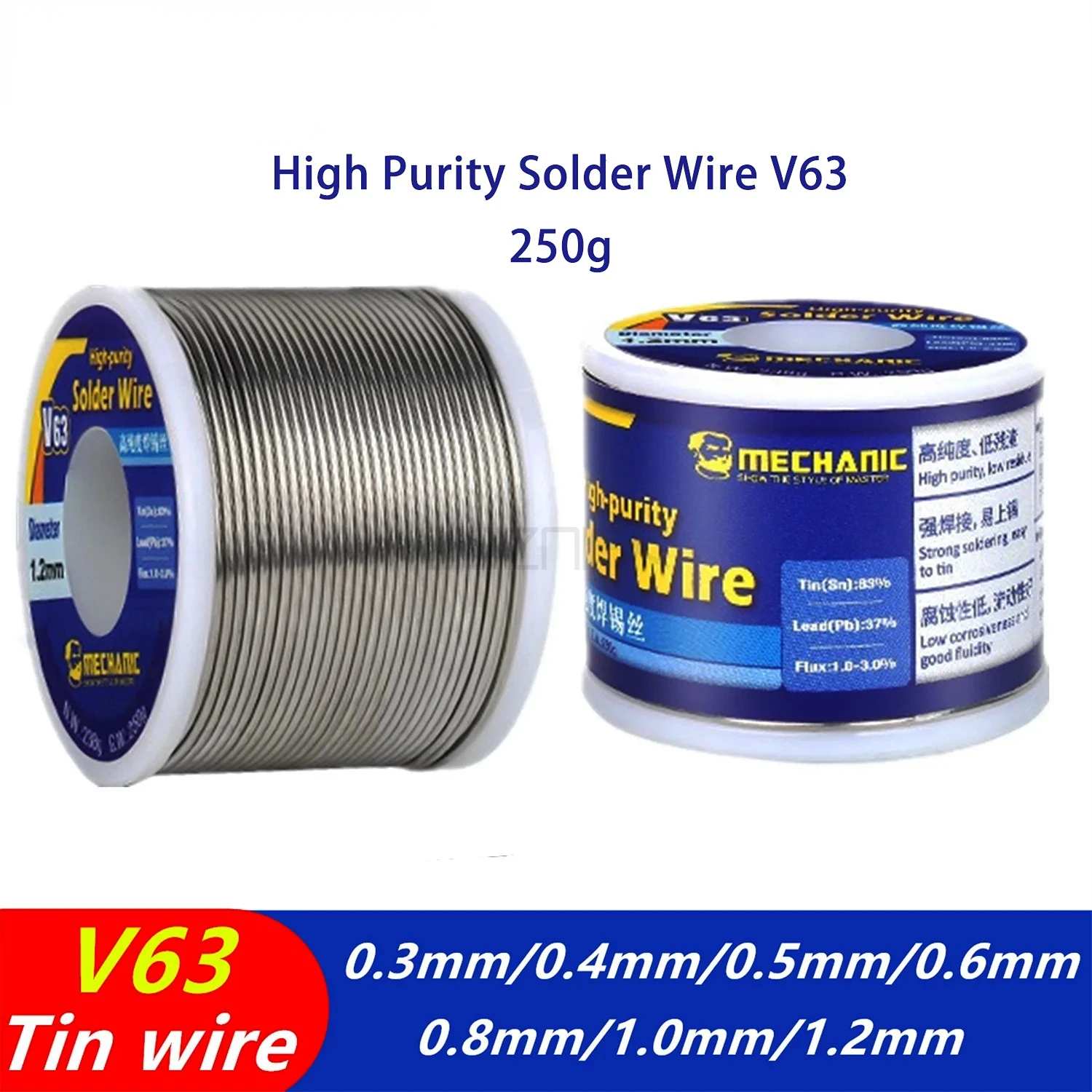 MECHANIC V63 Solder Wire High Purity Rosin Core Sn/Pb 63%/37% 183℃ 250g 0.3-1.2mm Non-Clean Iron Cable Reel BGA Repair Tool Kit
MECHANIC V63 Solder Wire High Purity Rosin Core Sn/Pb 63%/37% 183℃ 250g 0.3-1.2mm Non-Clean Iron Cable Reel BGA Repair Tool Kit