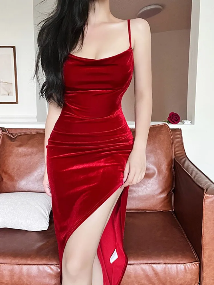 

Beyouare Новогоднее бархатное красное платье для женщин, вечерние платья со складками и разрезом сбоку, экзотическая Клубная одежда без рукавов с открытой спиной