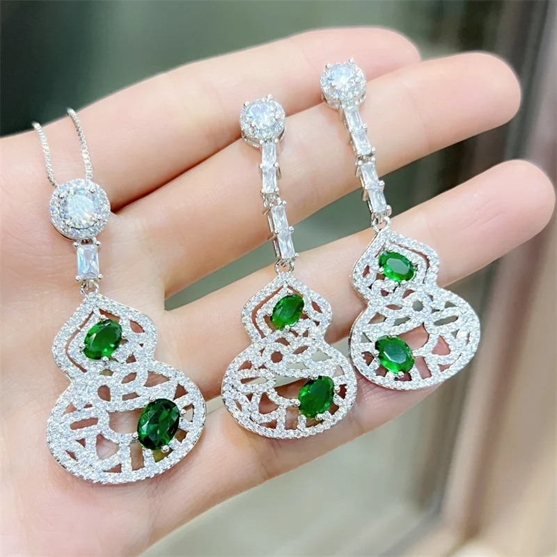

Luxury Crystal Red Green Pendant Necklace Earrings Women Jewelry Hollowed Lucky Gourd Jewelry Set 925 Silver Necklace For Lady
