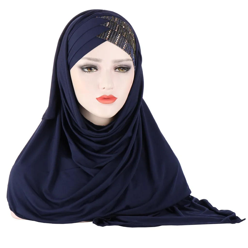 

muslim cotton scarf plain hijabs with bead shawls and wraps femme musulman hijab ready to wear turban women head scarves