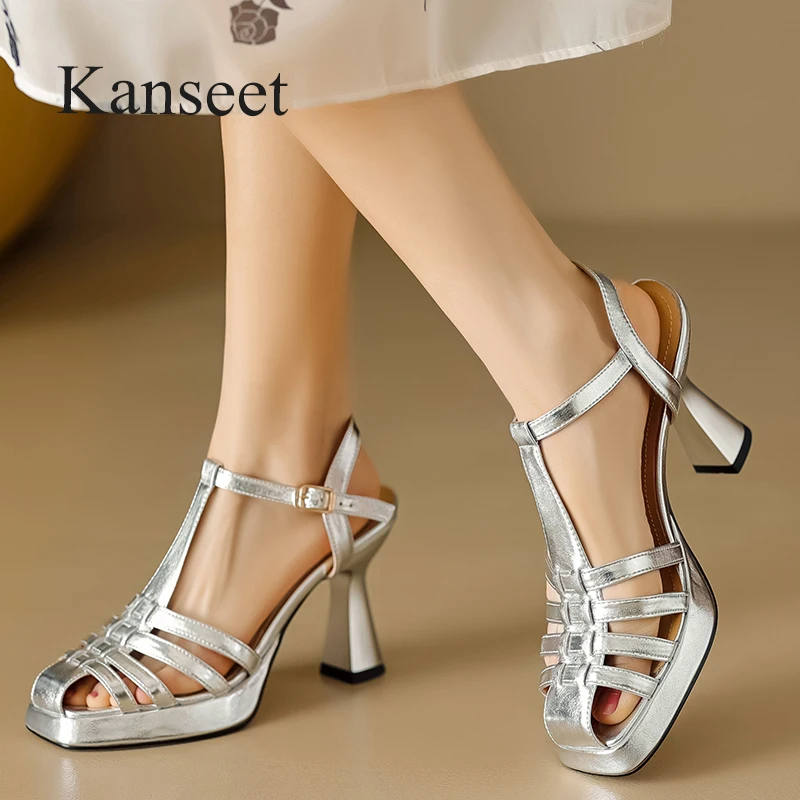 

Сандалии Kanseet женские на платформе, серебристые, золотистые босоножки с квадратным носком, искусственная кожа, элегантная обувь на высоком каблуке ручной работы