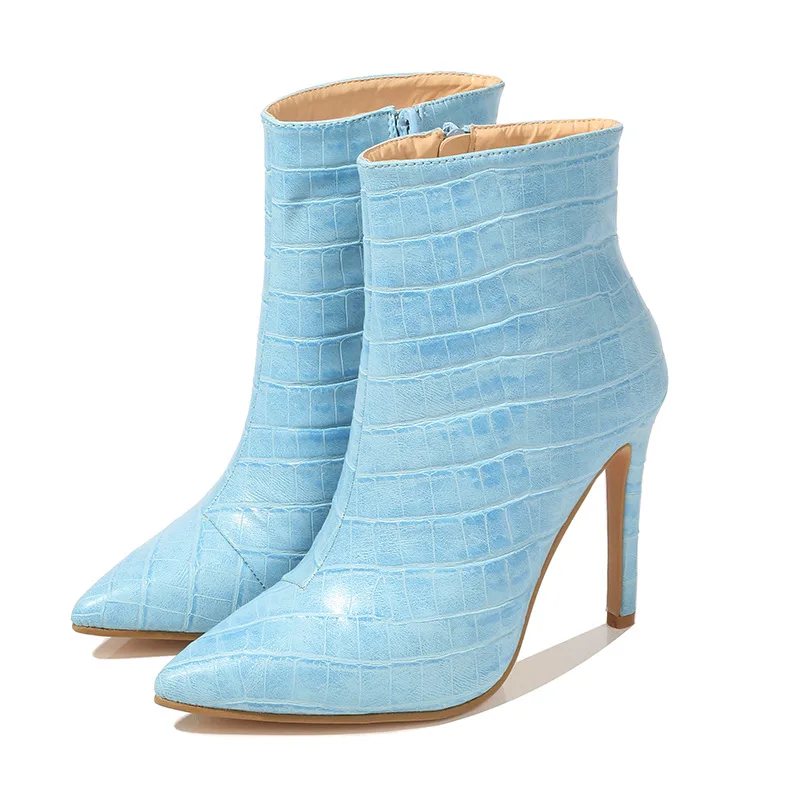 

2022 New Women Ankle Boots Fashion light-blue Snake Grain Booties Winter Female Pointed Toe High Heels Ladies Zip Boots Shoes 42