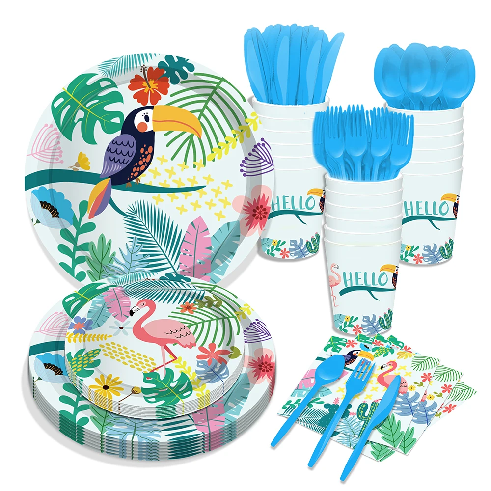 

Cartoon Animals Hawaii Flamingo Party Paper Disposable Tableware Sets Plates Cups Napkins Palm Leaves Forest Party Set Supplies