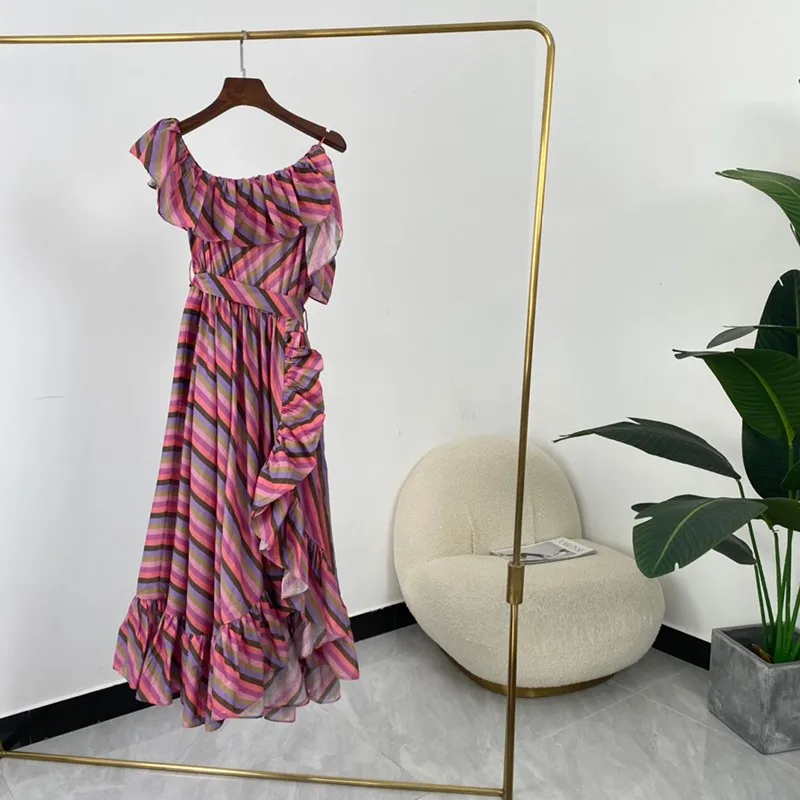 Rainbow Multy Color Striped Dress Women 2022 Summer Hot Sale Ruffles High Quality One Shoulder Mini Dress
Rainbow Multy Color Striped Dress Women 2022 Summer Hot Sale Ruffles High Quality One Shoulder Mini Dress