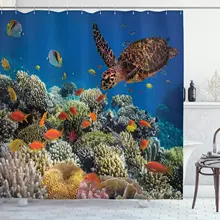 Ocean Shower Curtains Fishes Old Turtle Under Water Coral Reefs Sea Scenic Fabric Bathroom Decor Curtain with Hooks Orange Brown