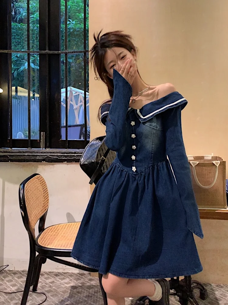 Women's Slash Neck Off Shoulder Denim Long Sleeve Dress Spring Autumn New Preppy Style Female Blue A-line Pleated Short Skirt
Women's Slash Neck Off Shoulder Denim Long Sleeve Dress Spring Autumn New Preppy Style Female Blue A-line Pleated Short Skirt