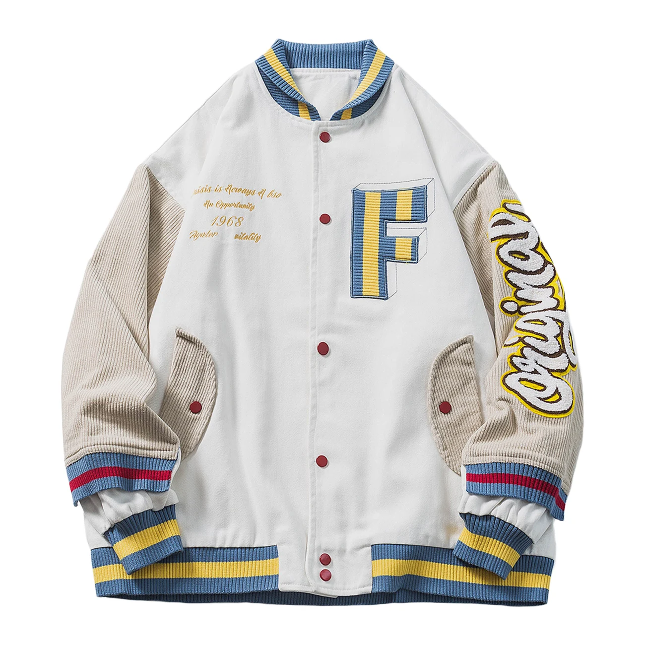LACIBLE "F" Embroidery Color Matching Spring Autumn Coat Contrast Stitching Outwear Streetwear Men Women Thin Varsity Jacket
LACIBLE "F" Embroidery Color Matching Spring Autumn Coat Contrast Stitching Outwear Streetwear Men Women Thin Varsity Jacket