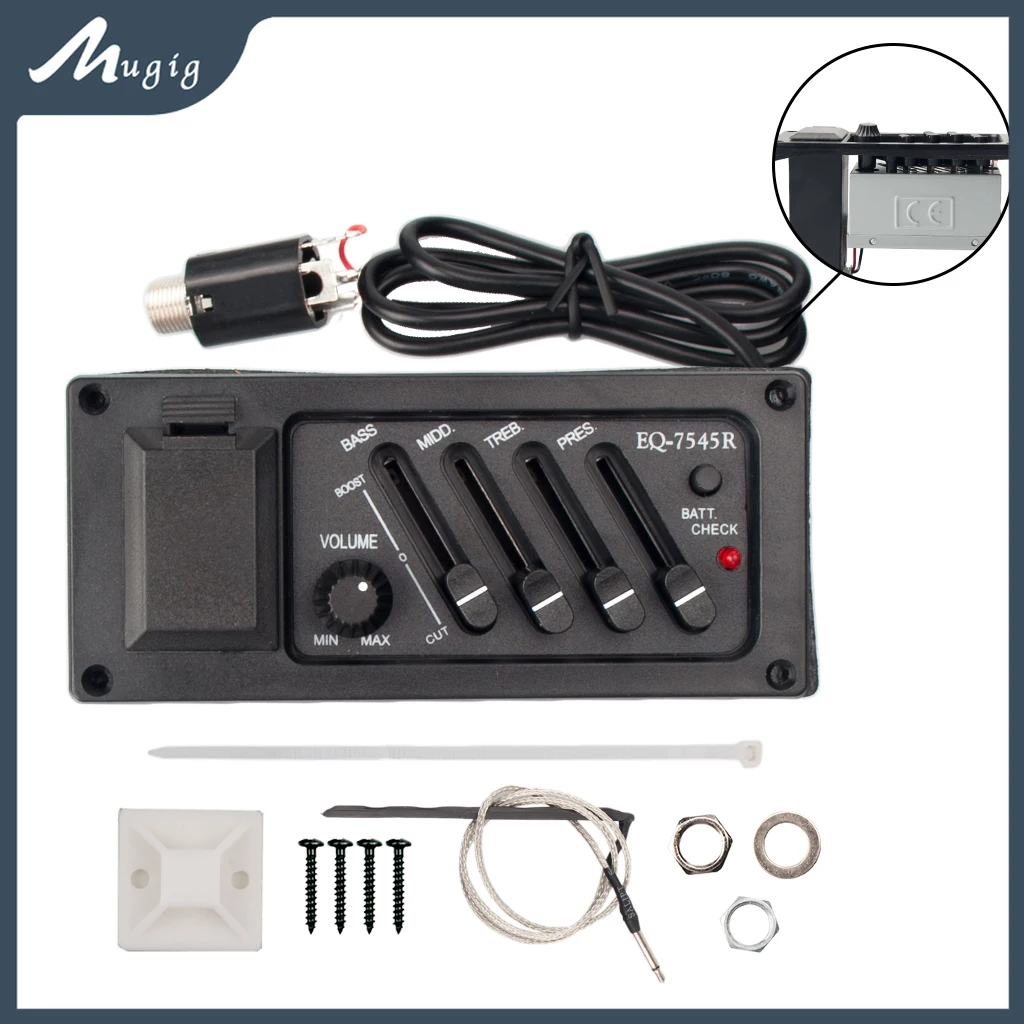 Professional 4 Band Acoustic Guitar Preamp Amplifier EQ 7545R Pickup 6.5MM Output Acoustic Guitar Acceseories Piezo Pickup SET
Professional 4 Band Acoustic Guitar Preamp Amplifier EQ 7545R Pickup 6.5MM Output Acoustic Guitar Acceseories Piezo Pickup SET