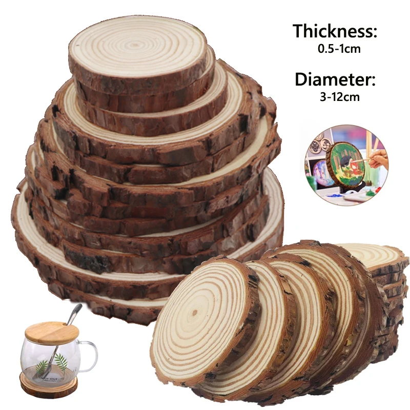

3-12cm Thick Natural Pine Round Unfinished Wood Slices Circles With Tree Bark Log Discs DIY Crafts Rustic Wedding Party Painting