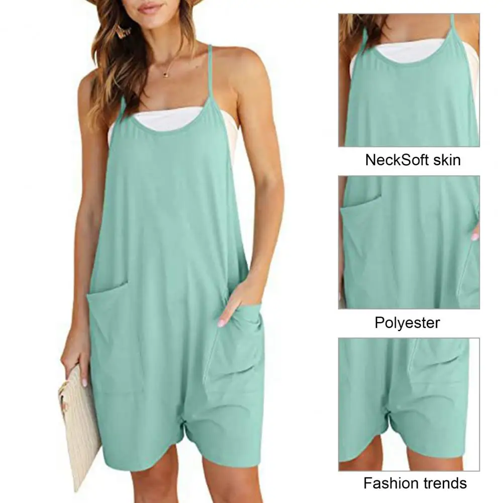 

Beach Jumpsuit Stylish Women's V-neck Sleeveless Jumpsuit Pockets Solid Color Athletic Streetwear for Workouts Tennis Casual
