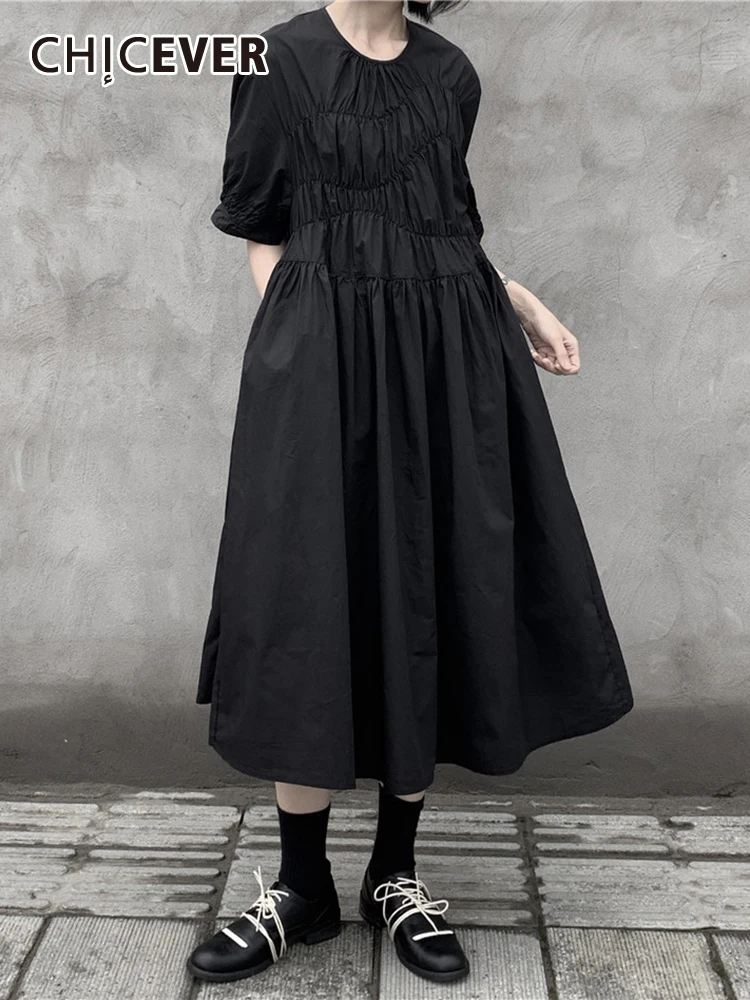 CHICEVER Black Midi Dress For Women Round Neck Short Sleeve High Waist Folds Temperament A Line Dresses Female Summer Clothing 
CHICEVER Black Midi Dress For Women Round Neck Short Sleeve High Waist Folds Temperament A Line Dresses Female Summer Clothing