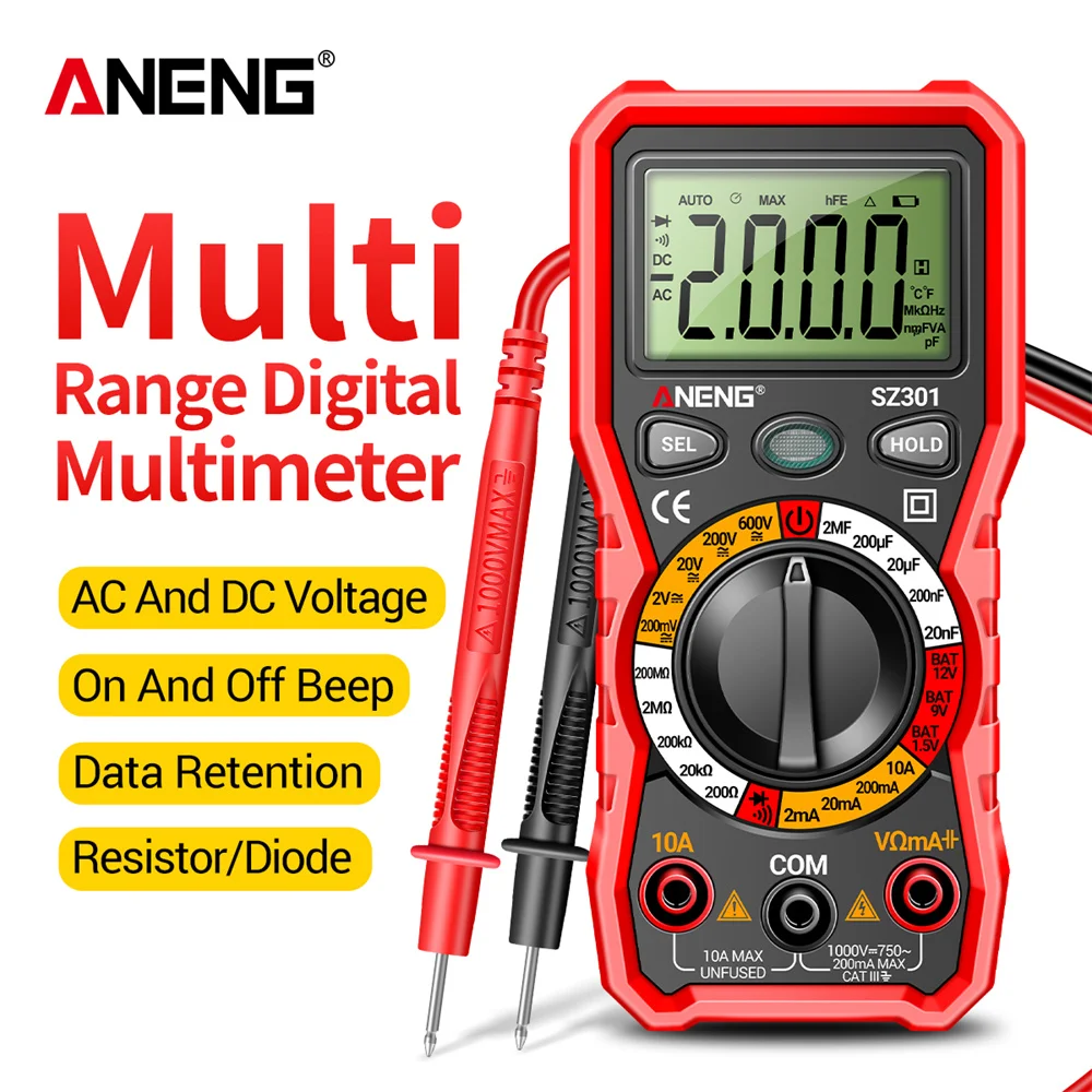 

ANENG SZ301 Digital Multimeter AC/DC Votage Current Automatic Tester Electrical Resistance Ohm Ammeter Capacitance Meter