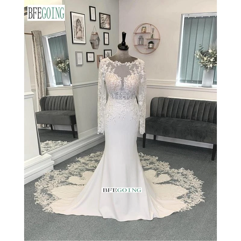 Exquisite Lace Appliques Chiffon Crepe Long Sleeves Mermaid/Trumpet Wedding Dresses Chapel Train Custom Made Bridal Gowns
Exquisite Lace Appliques Chiffon Crepe Long Sleeves Mermaid/Trumpet Wedding Dresses Chapel Train Custom Made Bridal Gowns