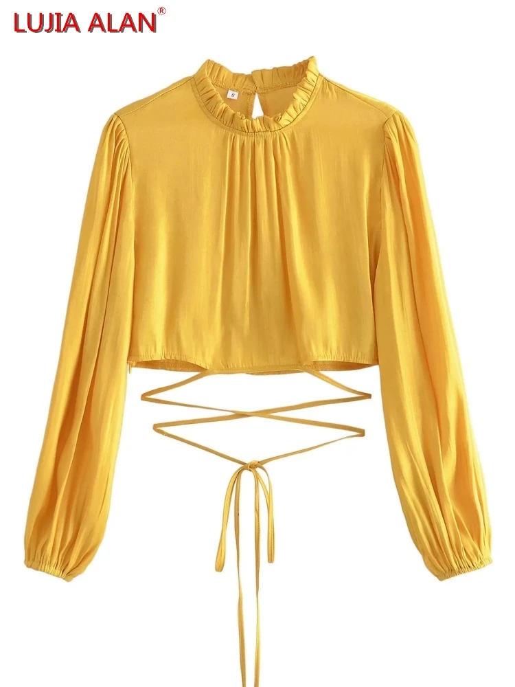 Yellow Satin Ruffle Collar Women Blouse Short Smock Summer Female Long Sleeve Shirts Crop Tops Streetwear LUJIA ALAN B523
Yellow Satin Ruffle Collar Women Blouse Short Smock Summer Female Long Sleeve Shirts Crop Tops Streetwear LUJIA ALAN B523