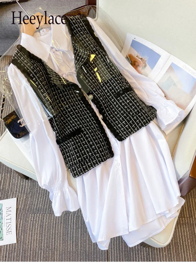 Autumn Office Ladies Elegant Two Pieces Sets For Women Tweed Vest+polo Collar Long Sleeve White Dresses Sets For Women Outfits
Autumn Office Ladies Elegant Two Pieces Sets For Women Tweed Vest+polo Collar Long Sleeve White Dresses Sets For Women Outfits