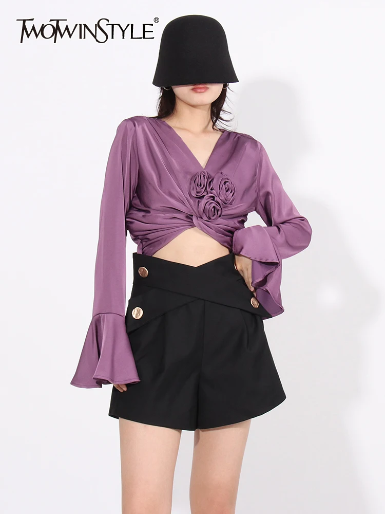 

TWOTWINSTYLE Solid Spliced Appliques Shirt For Women V Neck Flare Sleeve Patchwork Folds Elegant Slimming Blouse Female Clothing
