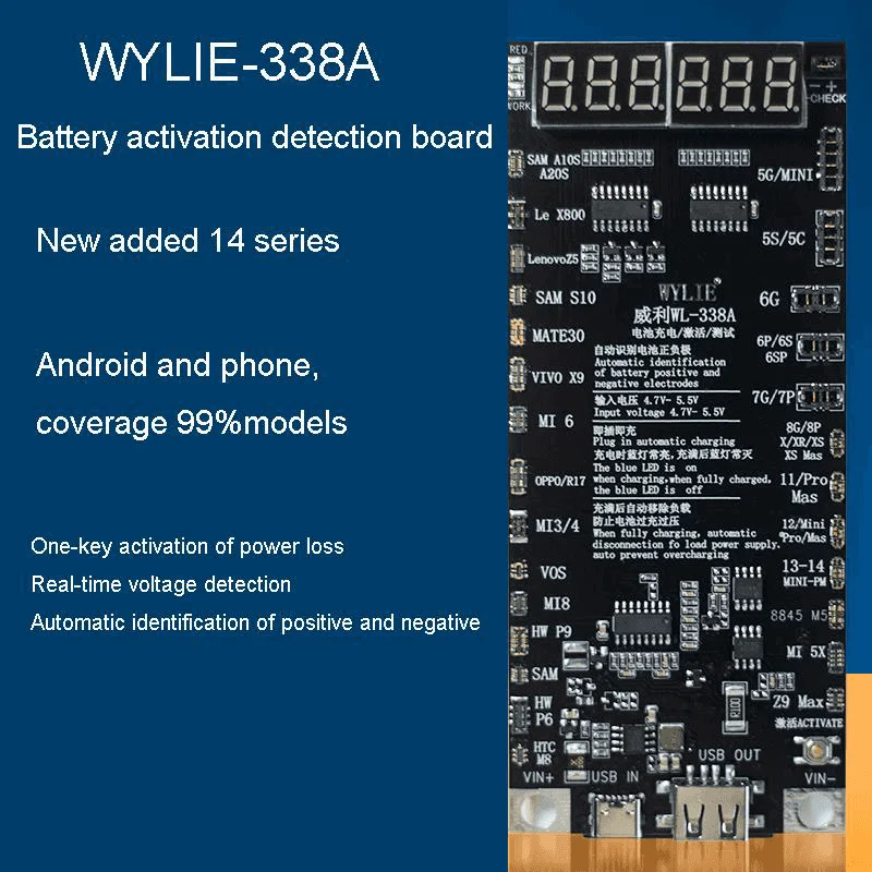 WYLIE WL-338A, плата активации аккумулятора для телефона серии 5G-14, ремонт, быстрый запуск в одно нажатие, тестер заряда печатной платы
WYLIE WL-338A, плата активации аккумулятора для телефона серии 5G-14, ремонт, быстрый запуск в одно нажатие, тестер заряда печатной платы
