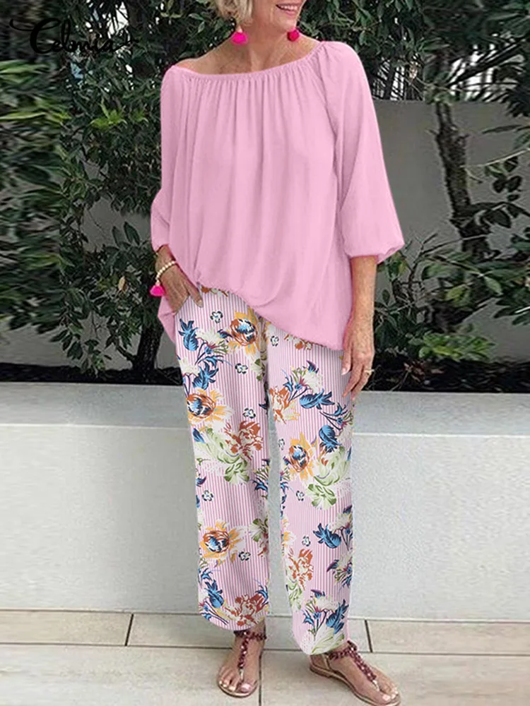 Celmia Women Leisure 2 Piece Pant Sets Holiday Fashion Baggy Pant Sets 3/4 Sleeve Solid Color Top and Floral Print Pant Sets
Celmia Women Leisure 2 Piece Pant Sets Holiday Fashion Baggy Pant Sets 3/4 Sleeve Solid Color Top and Floral Print Pant Sets