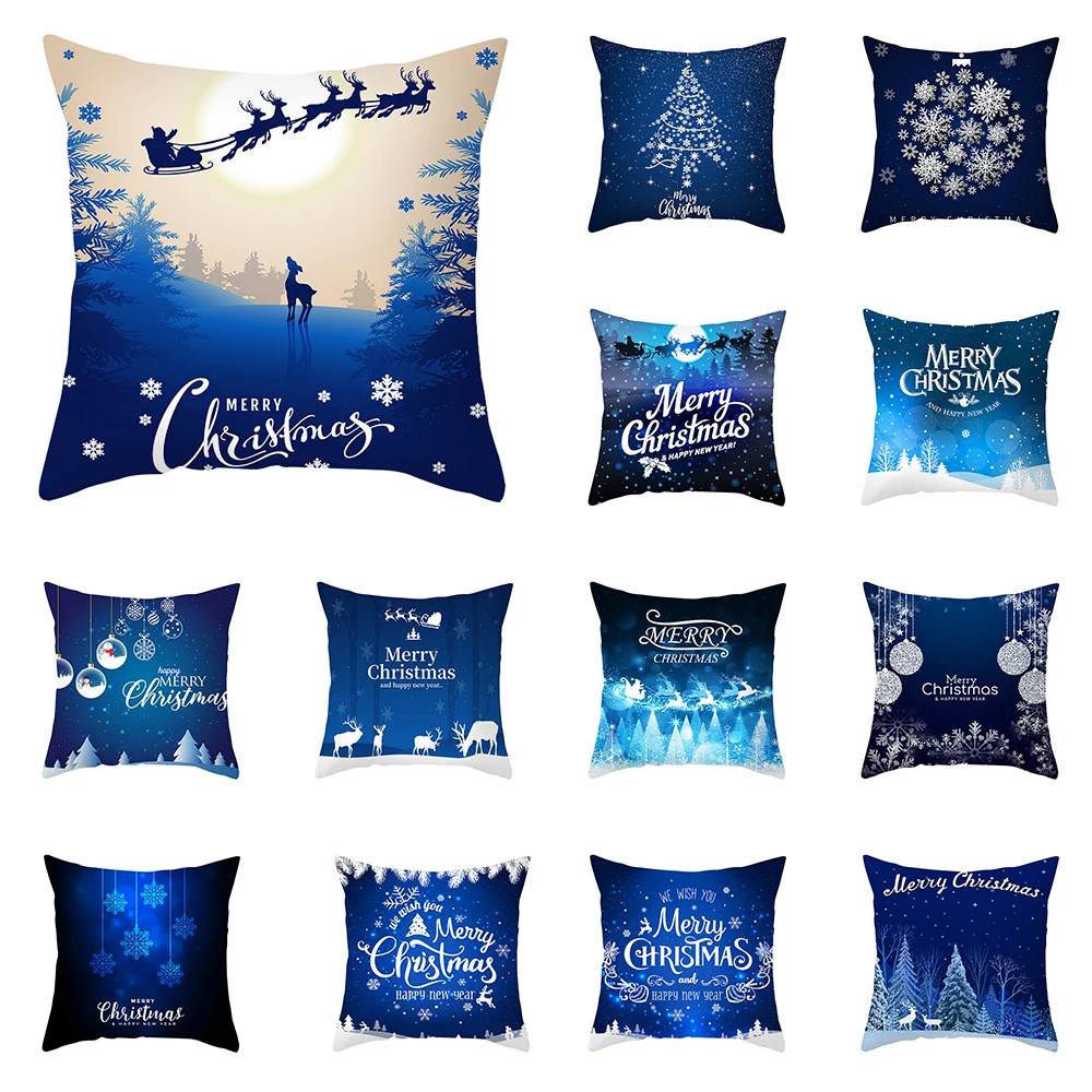

Home Decoration Christmas Happy Blue Printing Polyester Pillow Pillow Cushion Cushion Cushion Decoración navideña