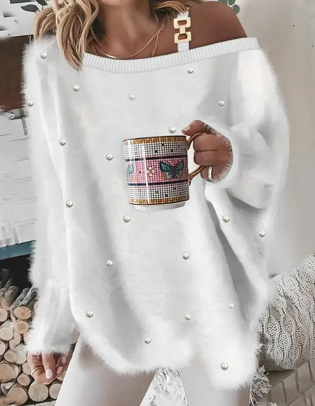 T-Shirt 2023 New Hot Selling Fashion Women's Oblique Neck Long Sleeve Loose Chain Pearl Decoration Cold Shoulder Blur Top
T-Shirt 2023 New Hot Selling Fashion Women's Oblique Neck Long Sleeve Loose Chain Pearl Decoration Cold Shoulder Blur Top