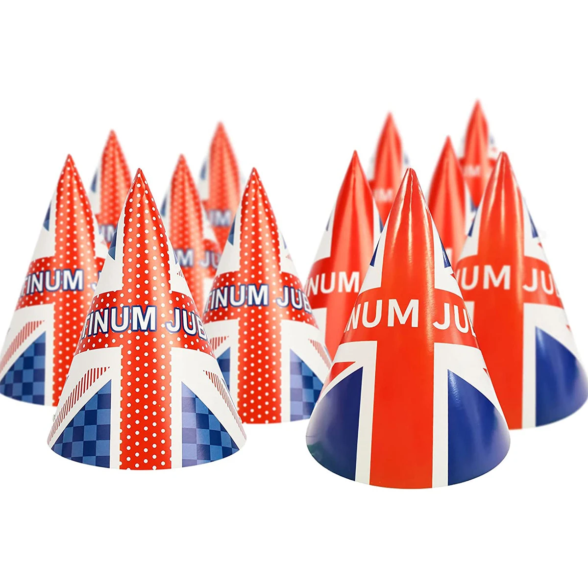 

L 12pcs Queen Jubilee Cone Hats in 2 Styles Patterns DIY Party Favors Hat with Elastic Lanyard Paper Union Jack Party