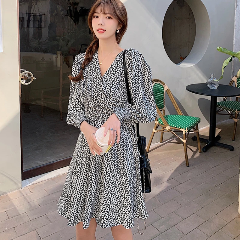 

Korean Chic V-neck Puff Long Sleeves Women Dress Spring Summer Fashion Print Chiffon High Waist Dresses Office Ladies Vestidos