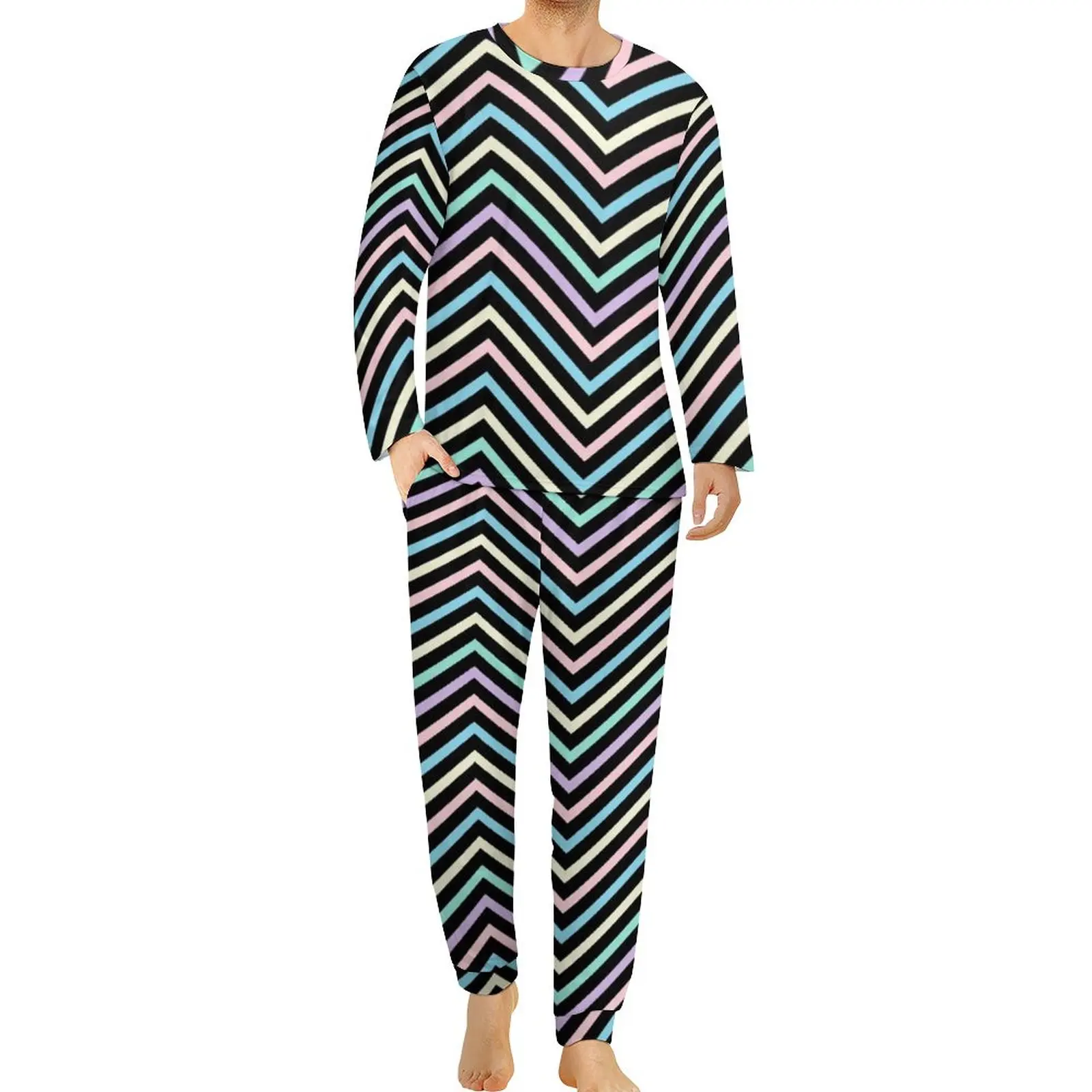 

Colorful Nordic Lines Pajamas Pastel Zig Zag Print Man Long Sleeves Cute Pajama Sets Two Piece Casual Daily Graphic Sleepwear