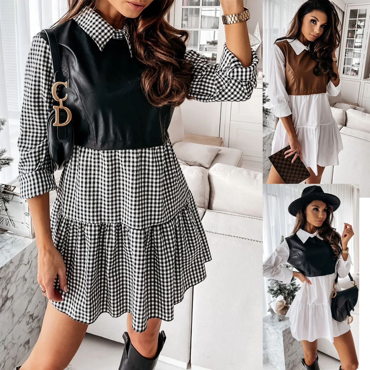 Shirt Collar Patchwork Printed Plaid Leather Dress Women Temperament Long Sleeve Casual Dress Ladies Vacation Dresses Vestidos
Shirt Collar Patchwork Printed Plaid Leather Dress Women Temperament Long Sleeve Casual Dress Ladies Vacation Dresses Vestidos