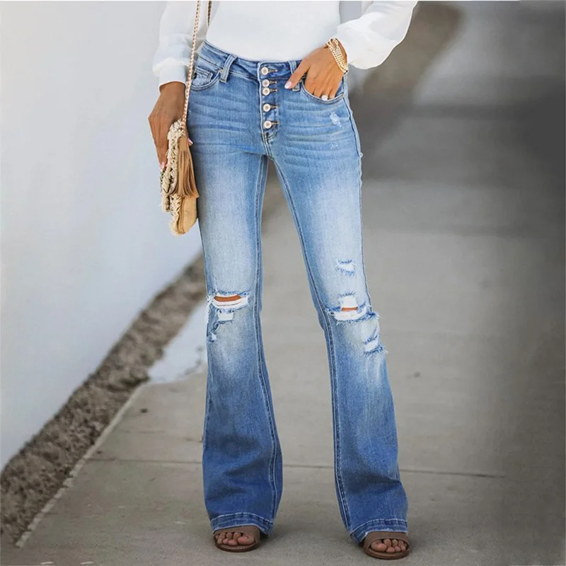 Hot Selling Women's Jeans Wear Style Ripped Leg Boot-Cut Denim Pants Mid-Waist Bell Bottom Women Ripped Mid-Waist Women's Jeans
Hot Selling Women's Jeans Wear Style Ripped Leg Boot-Cut Denim Pants Mid-Waist Bell Bottom Women Ripped Mid-Waist Women's Jeans