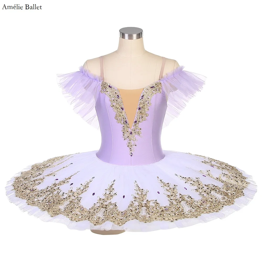 

BLL502 Off Shoulder lilac Spandex Bodice with White Pancake Tutu Pre-professional Ballet Tutu for Girls&Women Performance Dress