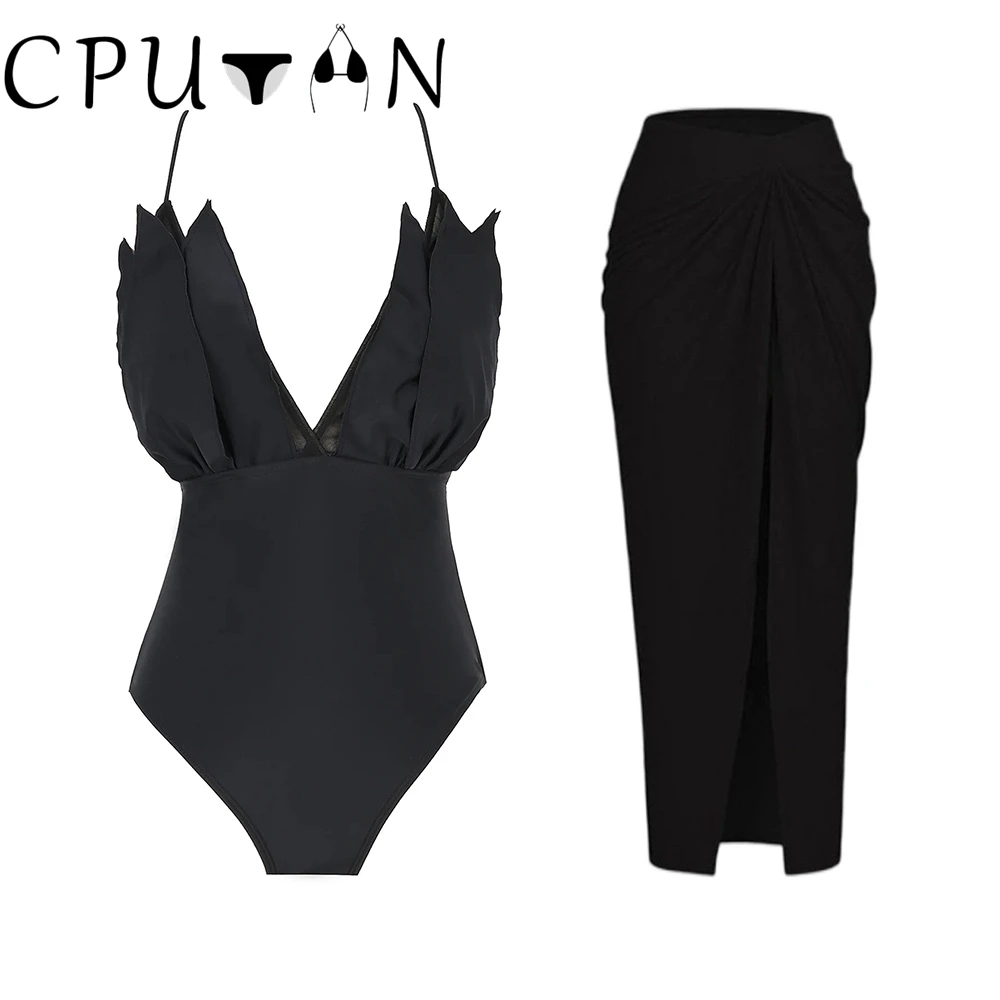 

CPUTAN 2023 сексуальный 3D Цветочный Цельный купальник с юбкой монокини с глубоким V-образным вырезом комплект бикини с открытой спиной черный купальник женский купальный костюм платье