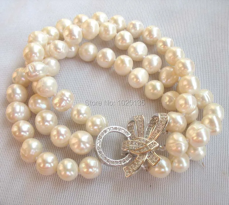 

3rows freshwater pearl white round 8-9mm nature bracelet 8inch butterfly wholesale bead gift nature