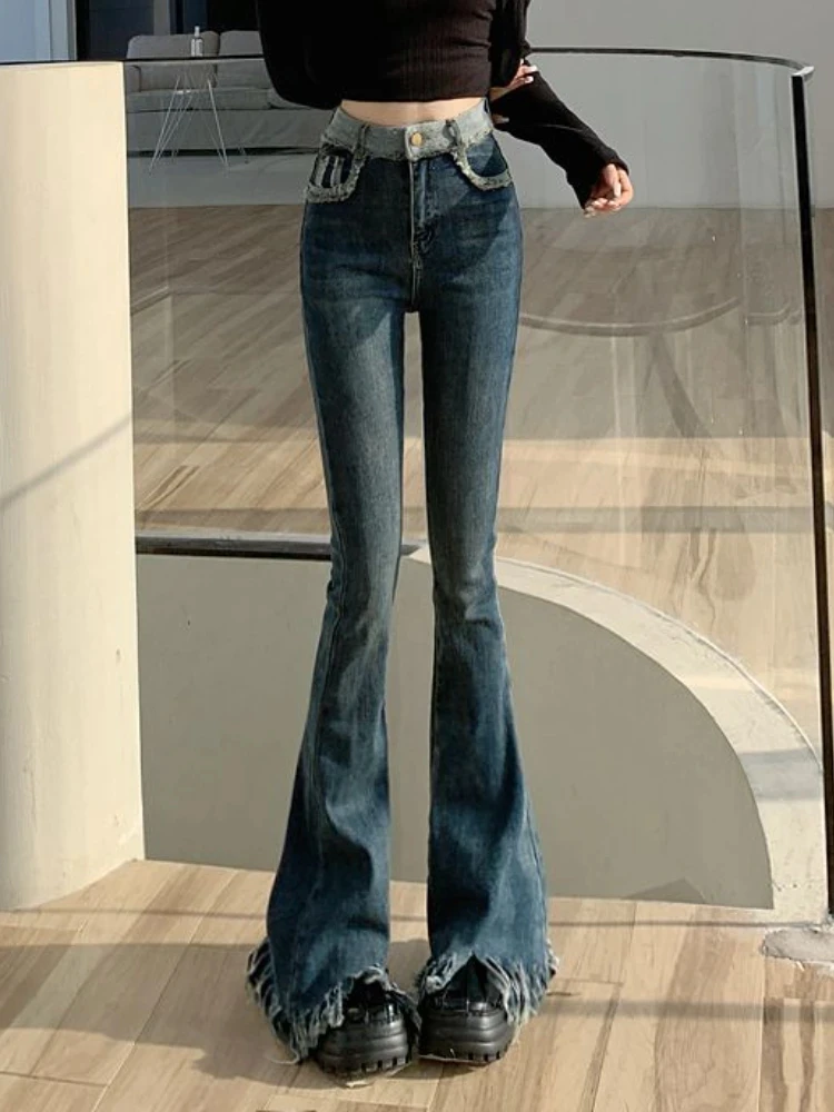 

Зимние Синие винтажные женские джинсы с высокой талией Y2K шикарные повседневные расклешенные брюки женские корейские модные дизайнерские Джинсовые брюки с бахромой