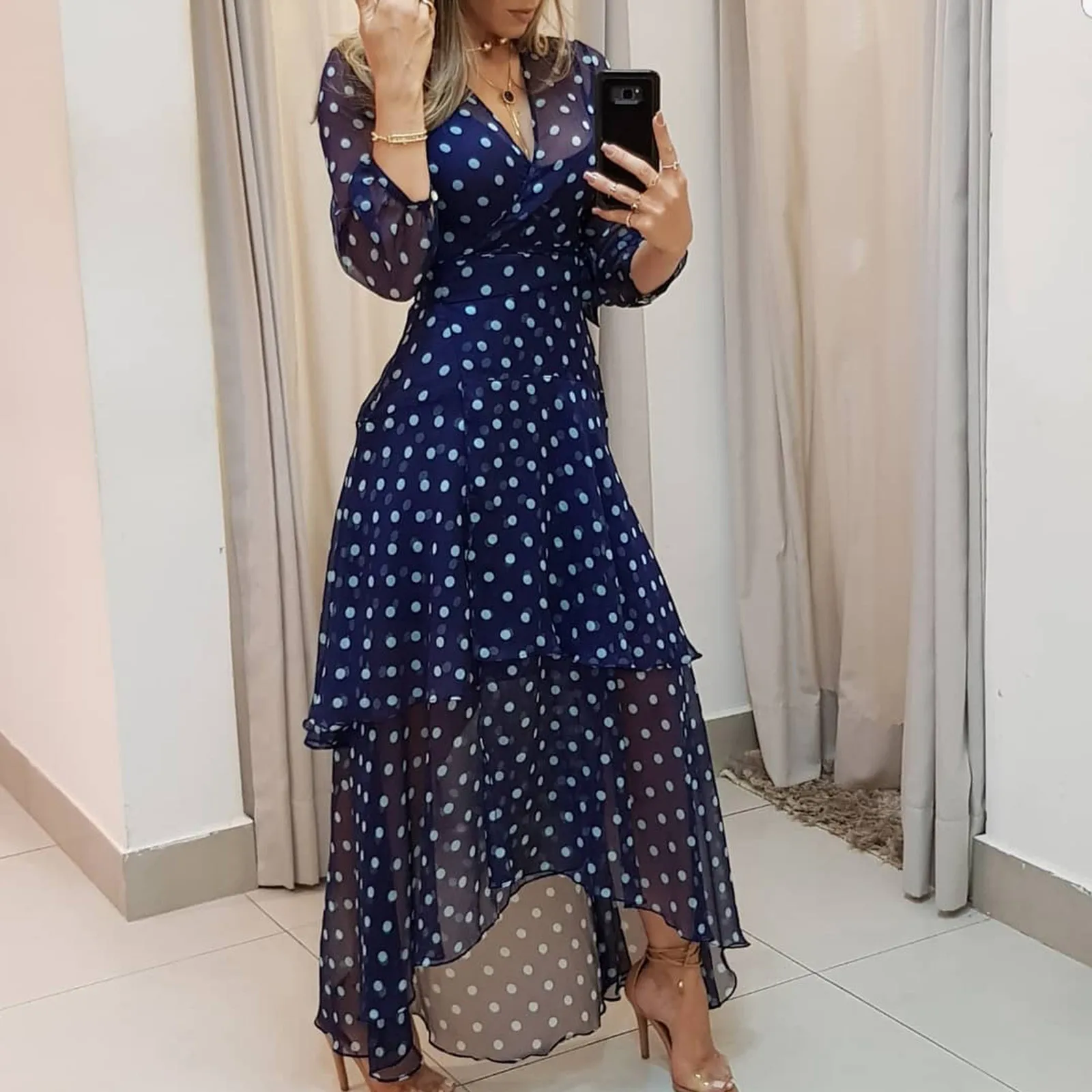Summer Casual Sexy Dress Women Polka Dot Print Clothing Long Sleeve Layered Ruffle Irregular V Neck Robe Dress Women's Dress 
Summer Casual Sexy Dress Women Polka Dot Print Clothing Long Sleeve Layered Ruffle Irregular V Neck Robe Dress Women's Dress