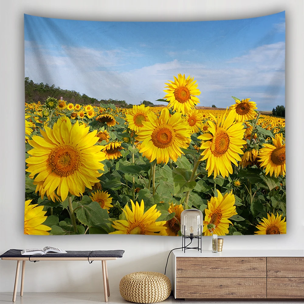 

Dreamy Yellow Flowers Tapestry Natural Sunflower Sunset Sky Field Flower View Tapestries Wall Hanging Bedroom Living Room Decor