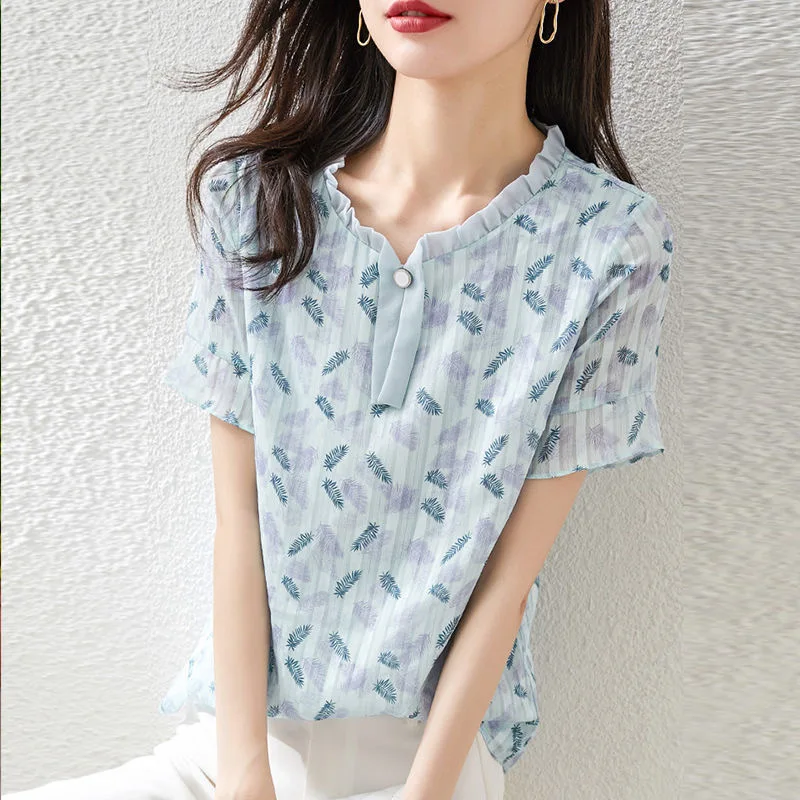 Женская блузка с коротким рукавом и круглым вырезом, ZZ1313 
Женская блузка с коротким рукавом и круглым вырезом, ZZ1313