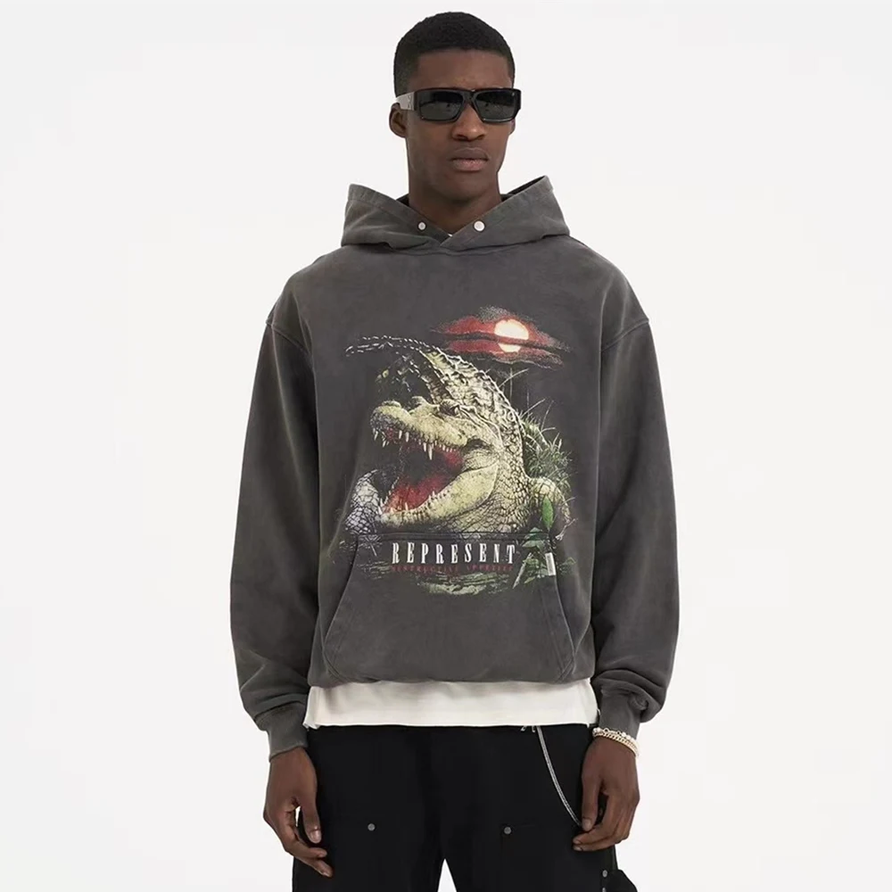 

Cooocoll666 Hoodies For Men Crocodile Print Vintage Old Winter Pullover Keep Warm Casual Multiple High Street Niche Style Unisex