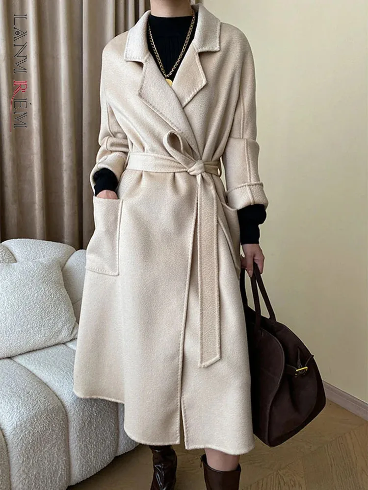 

[LANMREM] высококачественные шерстяные пальто для женщин со шнуровкой и присборенной талией, Офисная Женская теплая верхняя одежда, женская одежда, новинка зимы 2023, 26D6852