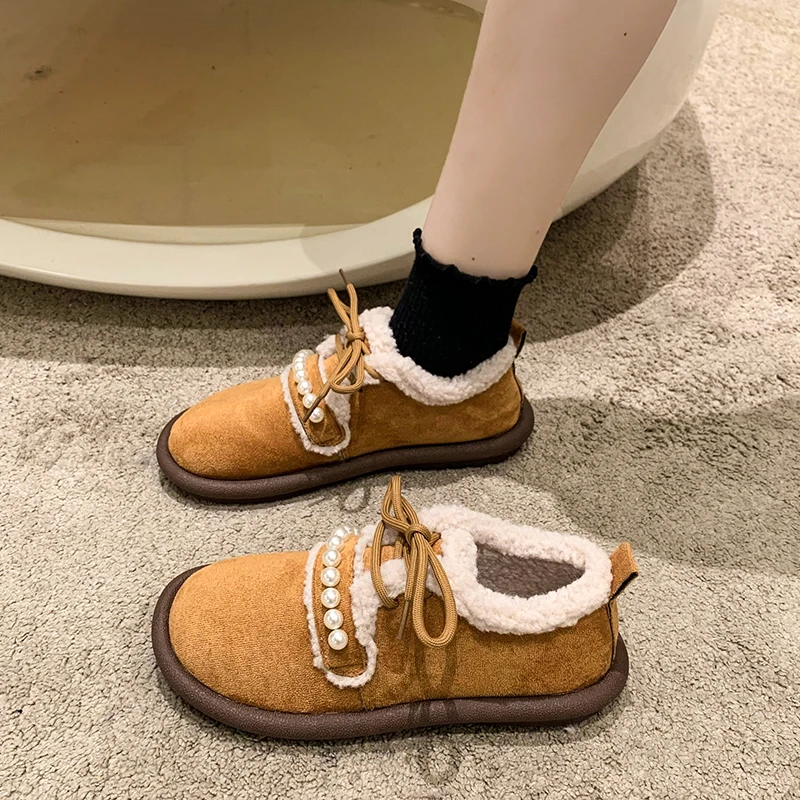 

Casual Woman Shoe Round Toe Pearl Decorateion Loafers Fur Shallow Mouth New Winter Beading Moccasin Basic Flock Solid Rubber Lac