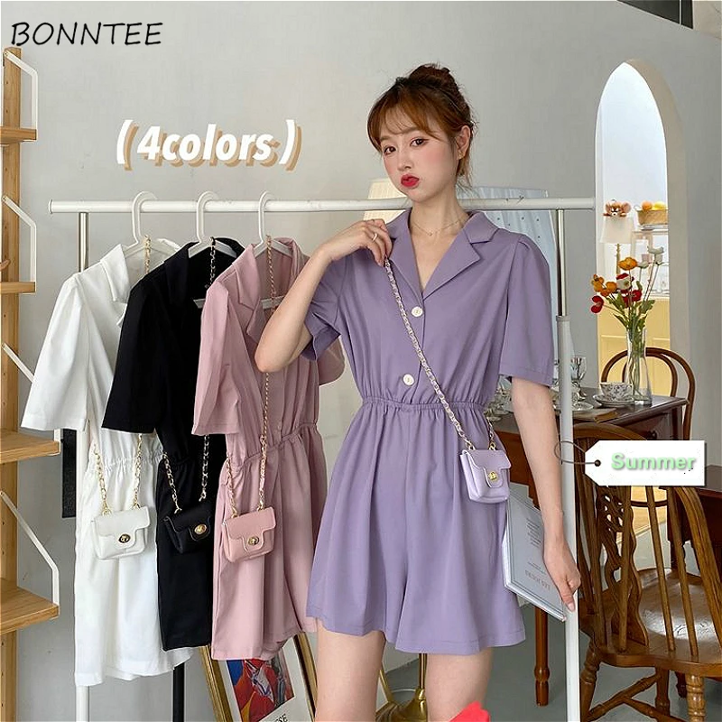 

Rompers Women Chic Turn-down Collar Summer Korean High Waist Vintage Femme Playsuits Leisure Button Party Woman Tender Clothes