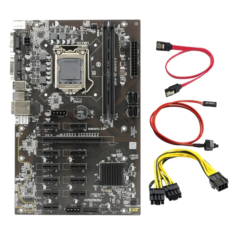 

Материнская плата B250 BTC для майнинга 12 PCIE, графический слот LGA 1151 DDR4 16 Гб ОЗУ SATA3.0 с кабелем питания 6-8 контактов + кабель переключателя