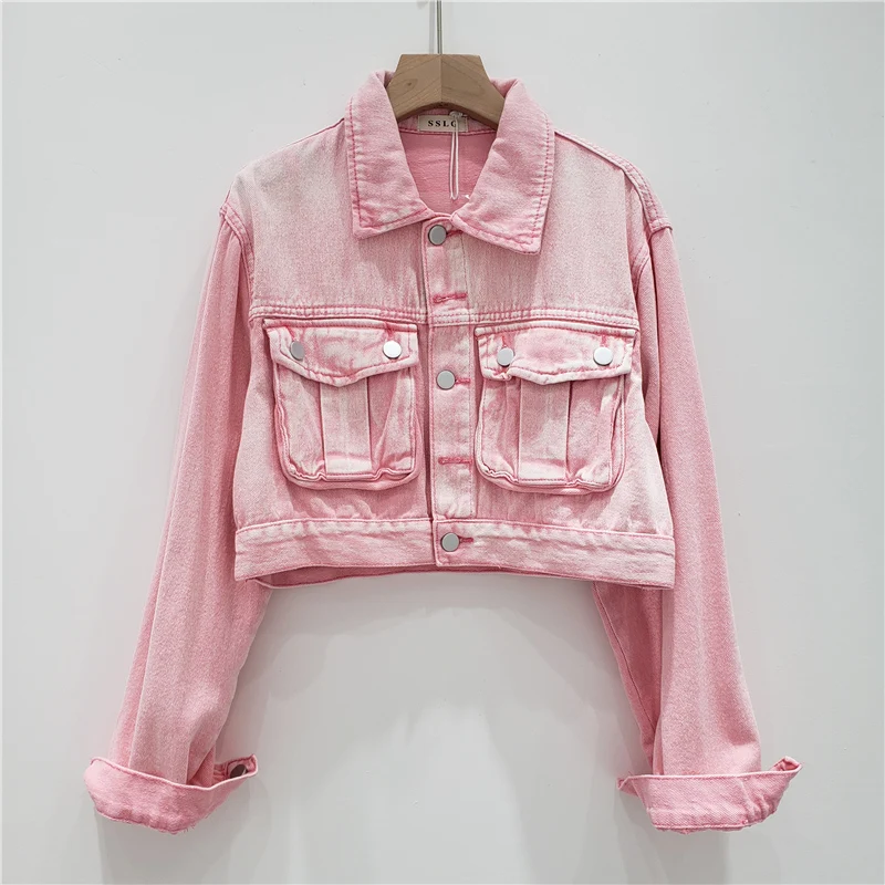 

Женская короткая джинсовая куртка, винтажная Повседневная однобортная куртка с отложным воротником и длинным рукавом, розовая, цвета хаки джинсовая куртка на весну
