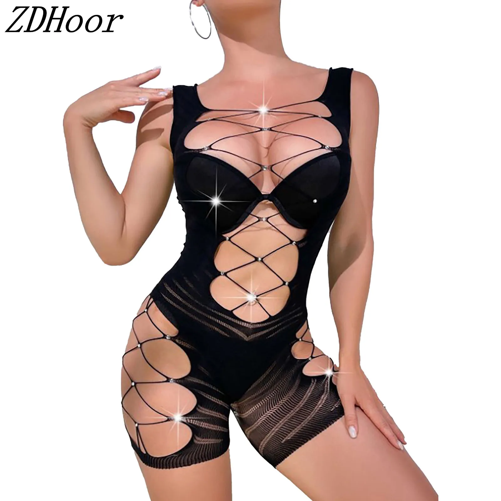 Womens Lingerie See-through Sleeveless Hollow Out Sparkly Rhinestones Adorned Bodysuit Nightwear Pool Party Cover-ups Beachwear 
Womens Lingerie See-through Sleeveless Hollow Out Sparkly Rhinestones Adorned Bodysuit Nightwear Pool Party Cover-ups Beachwear